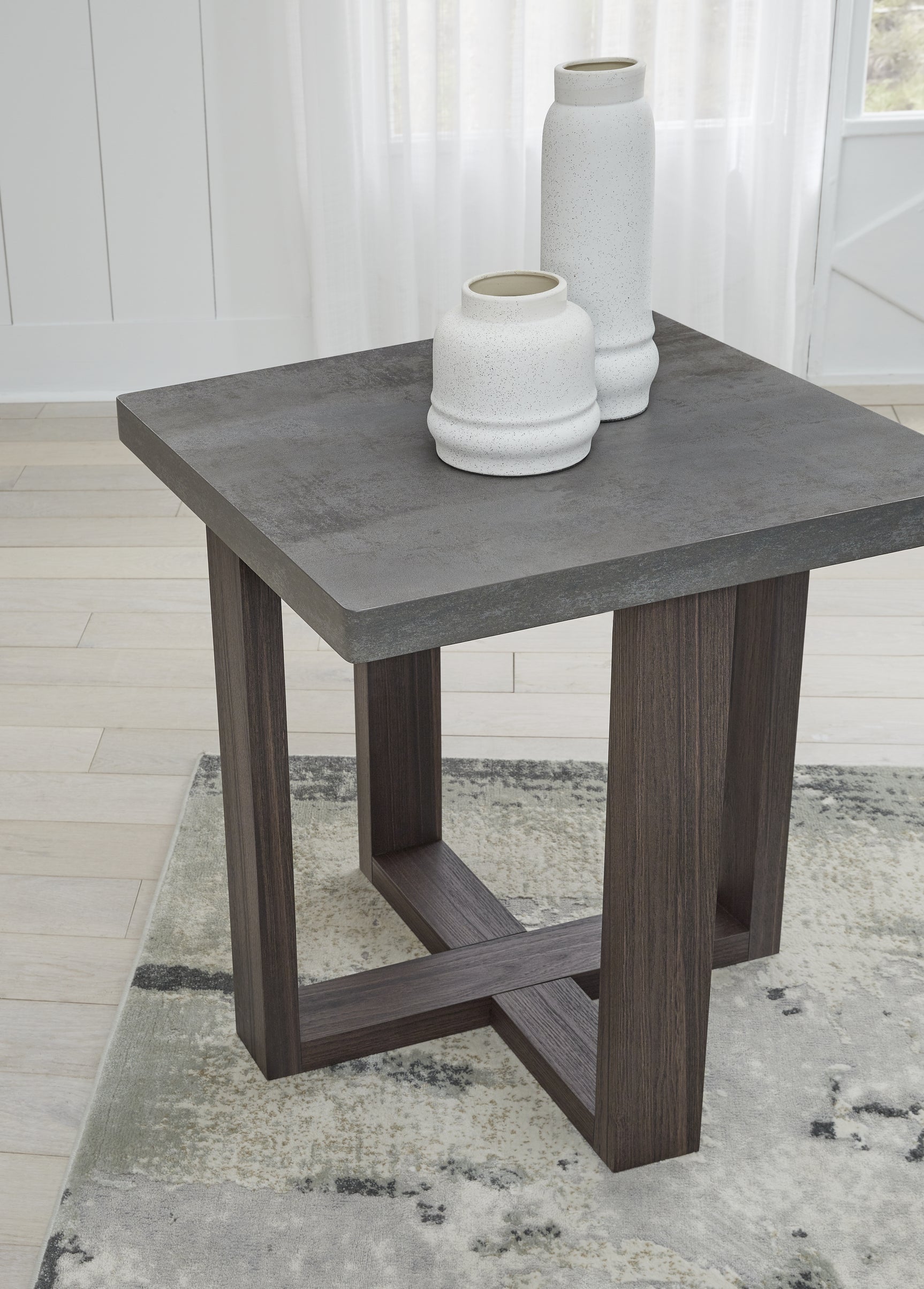 Dynnford Gray and Brown 3-Piece Table Set - front angle