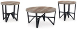 Angle view of Deanlee coffee table showing round top and black metal tubular frame