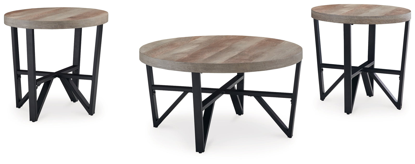 Angle view of Deanlee coffee table showing round top and black metal tubular frame