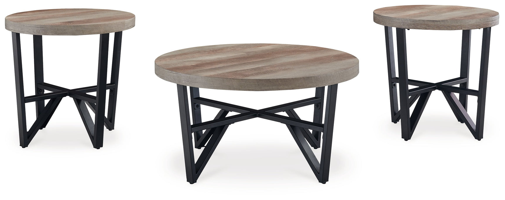Head-on view of Deanlee end tables with round grayish brown tabletops and black frames