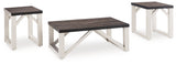 Side angle view of Dorrinson coffee table with gray wood plank top
