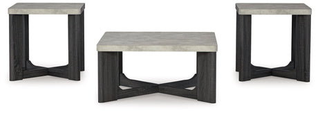 Sharstorm Two-Tone Gray table set front view with coffee and two end tables