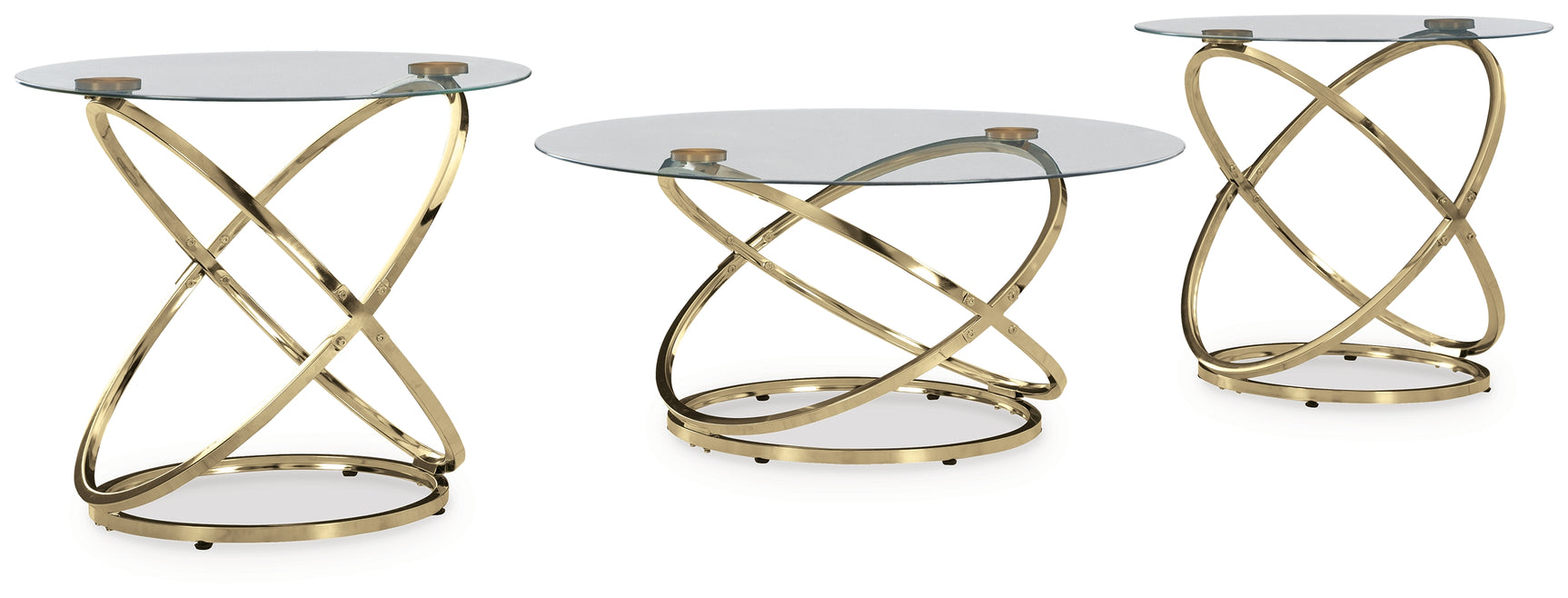 Crimonti champagne goldtone end table with round glass top, front view