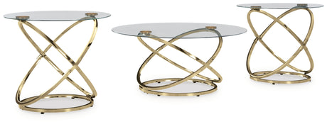 Crimonti champagne goldtone end table with round glass top, front view