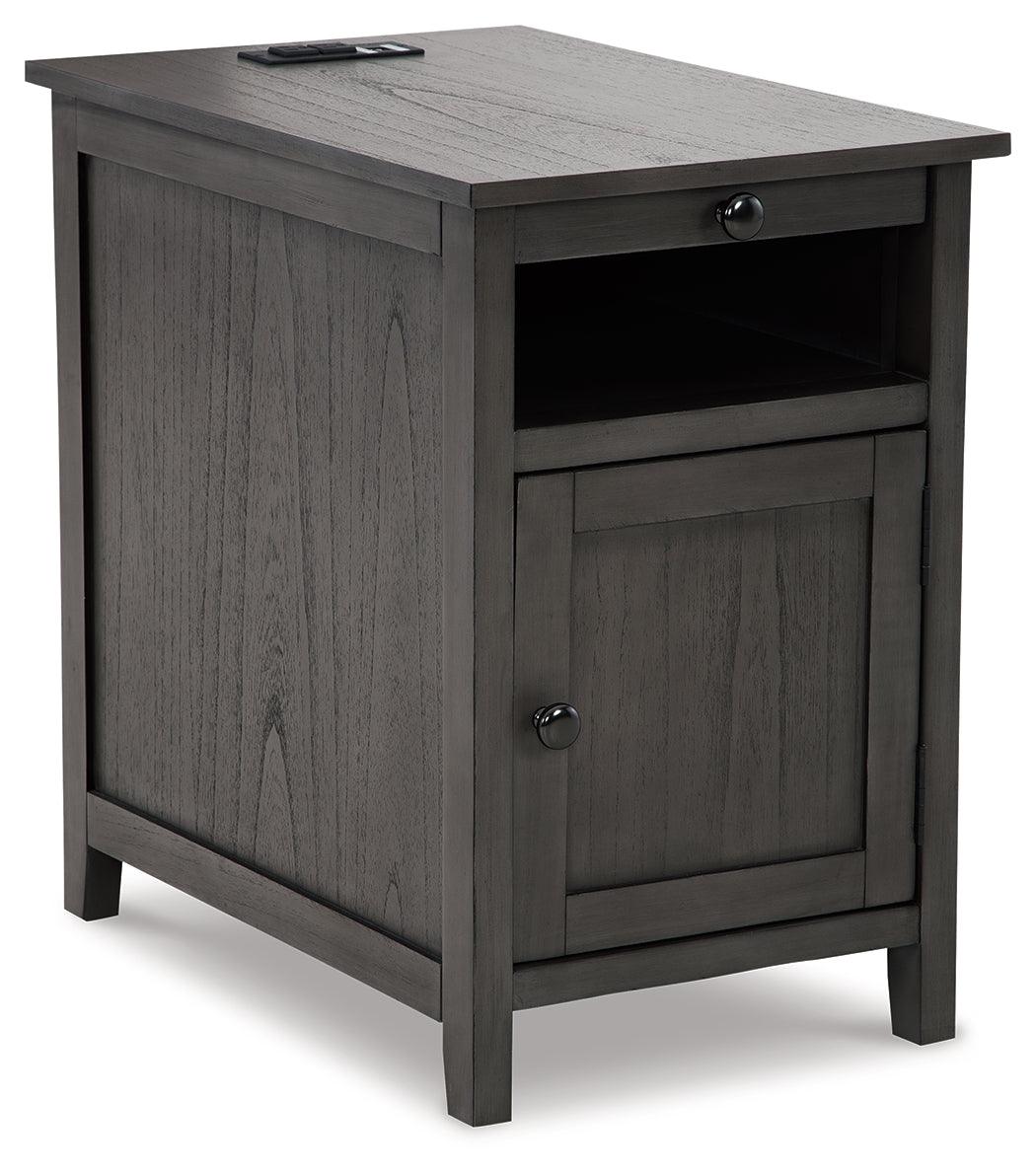 Treytown Gray Chairside End Table angled view with closed door