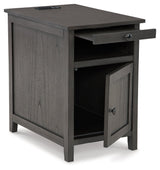 Treytown Gray Chairside End Table angled view with door open