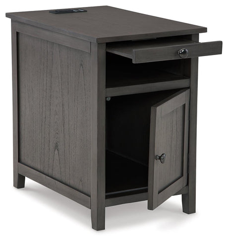 Treytown Gray Chairside End Table angled view with door open