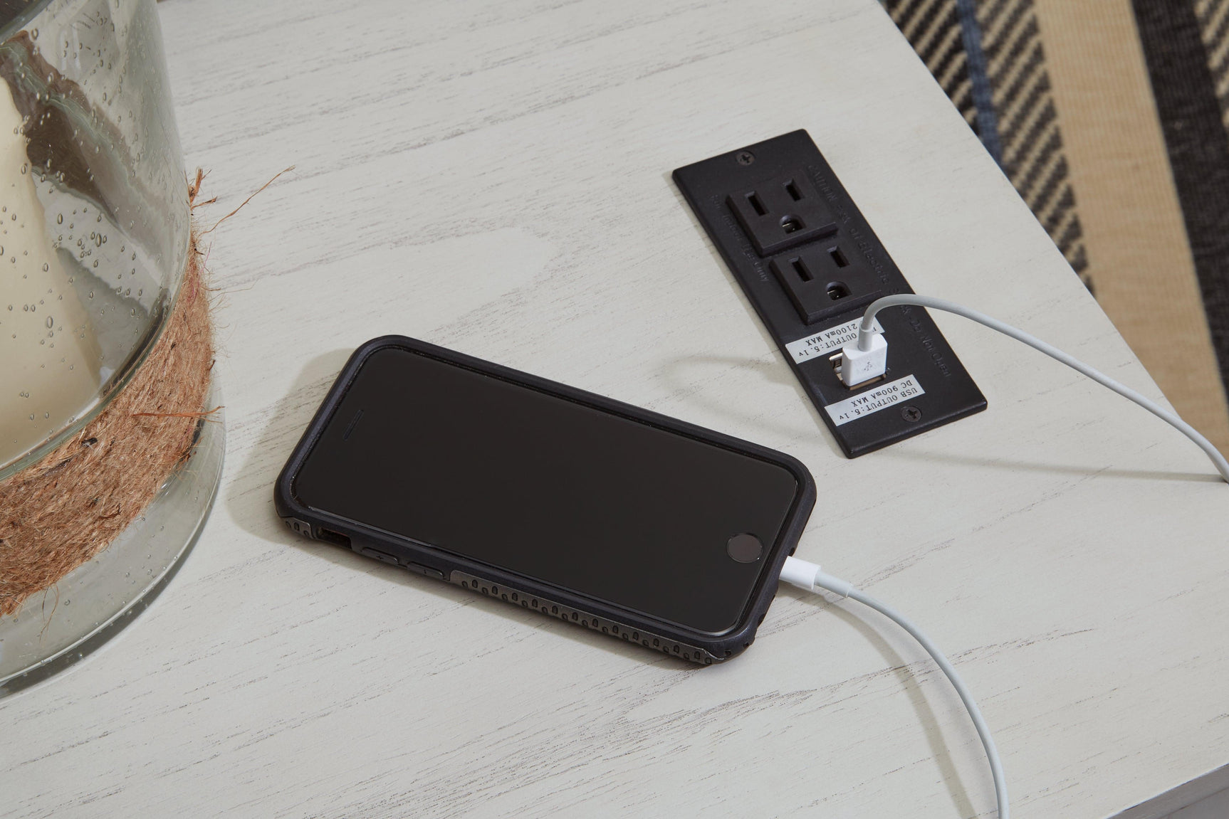 Close-up of power supply and USB ports detail