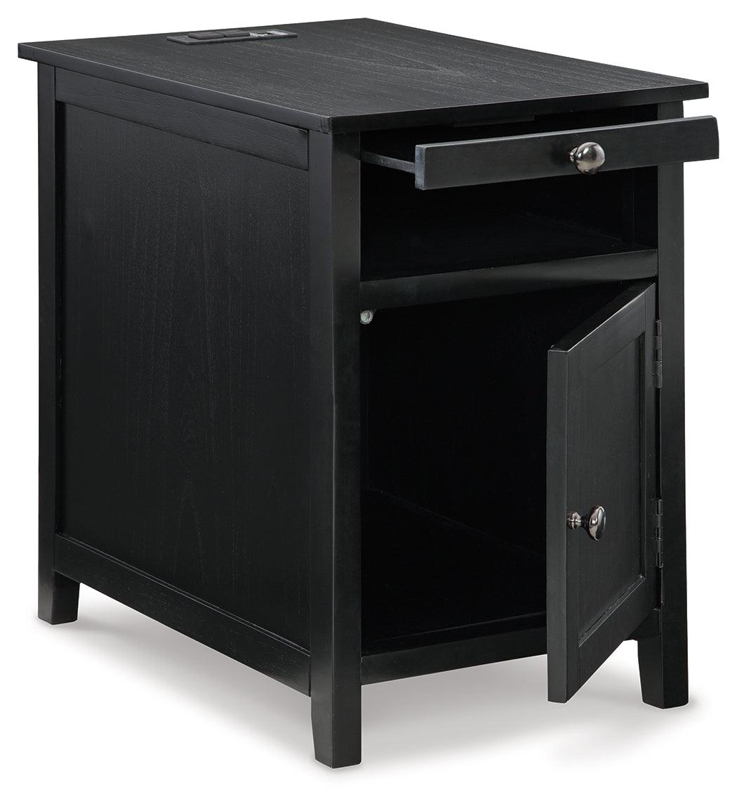 Treytown Black Chairside End Table close-up of pull-out tray