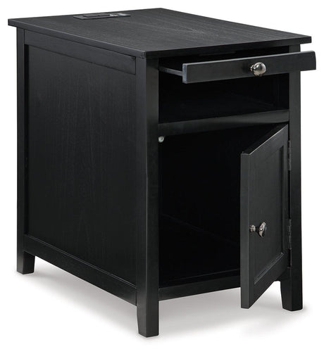 Treytown Black Chairside End Table close-up of pull-out tray