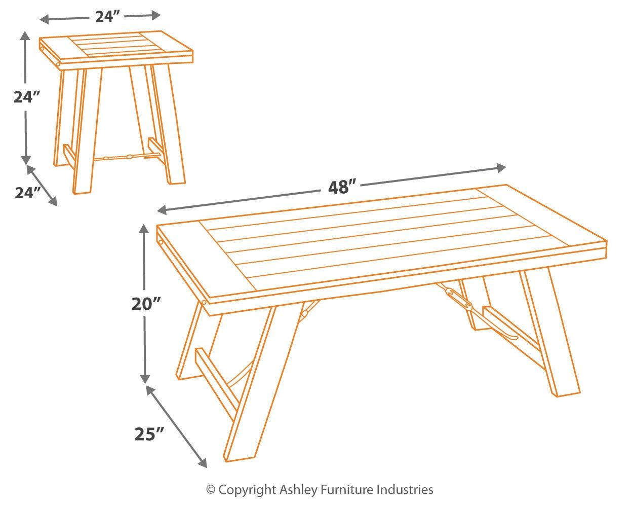 Dimensional diagram of Noorbrook 3-piece table set