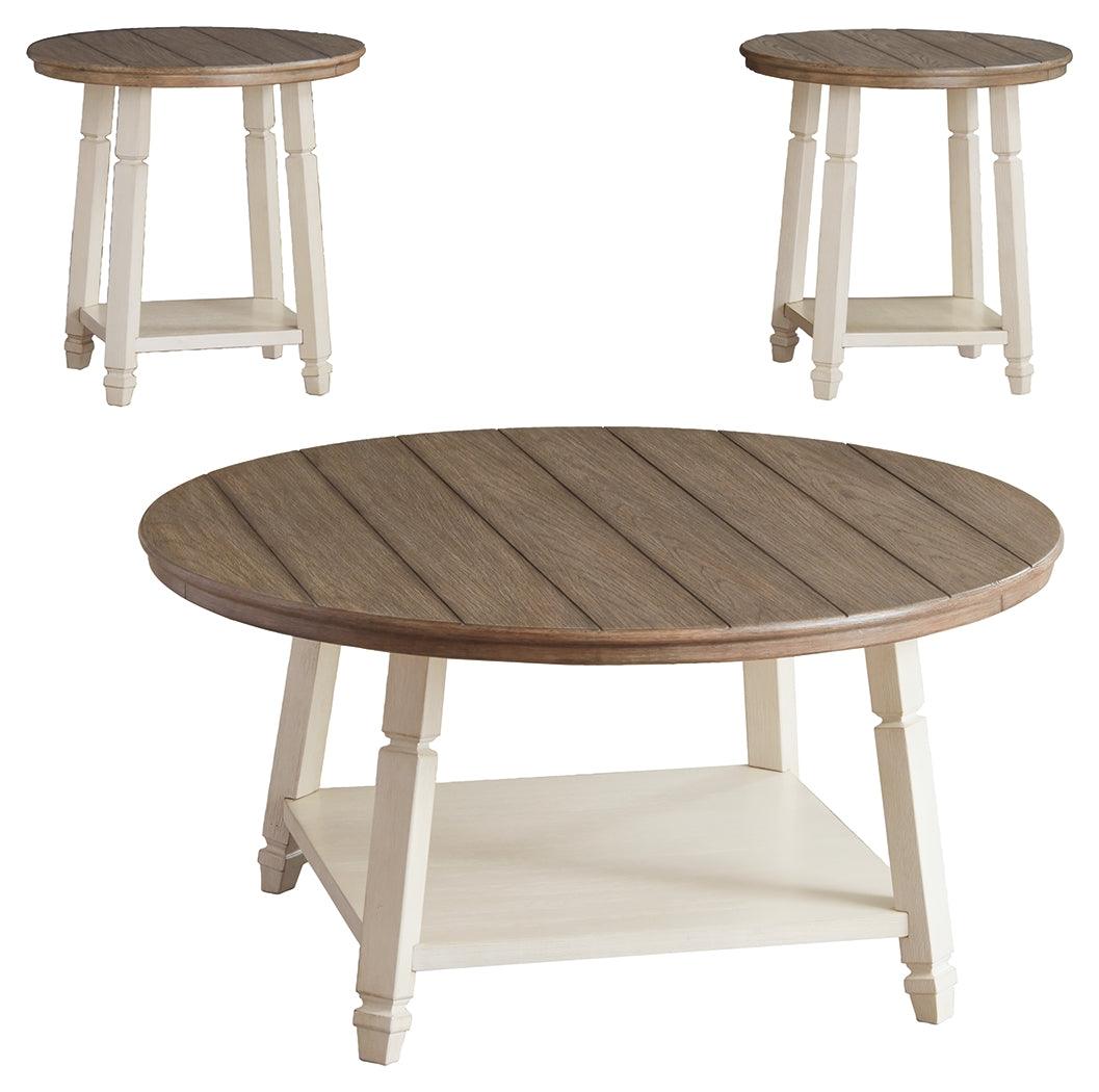 Close-up of Bolanbrook table set two-tone antique white legs and weathered oak tops