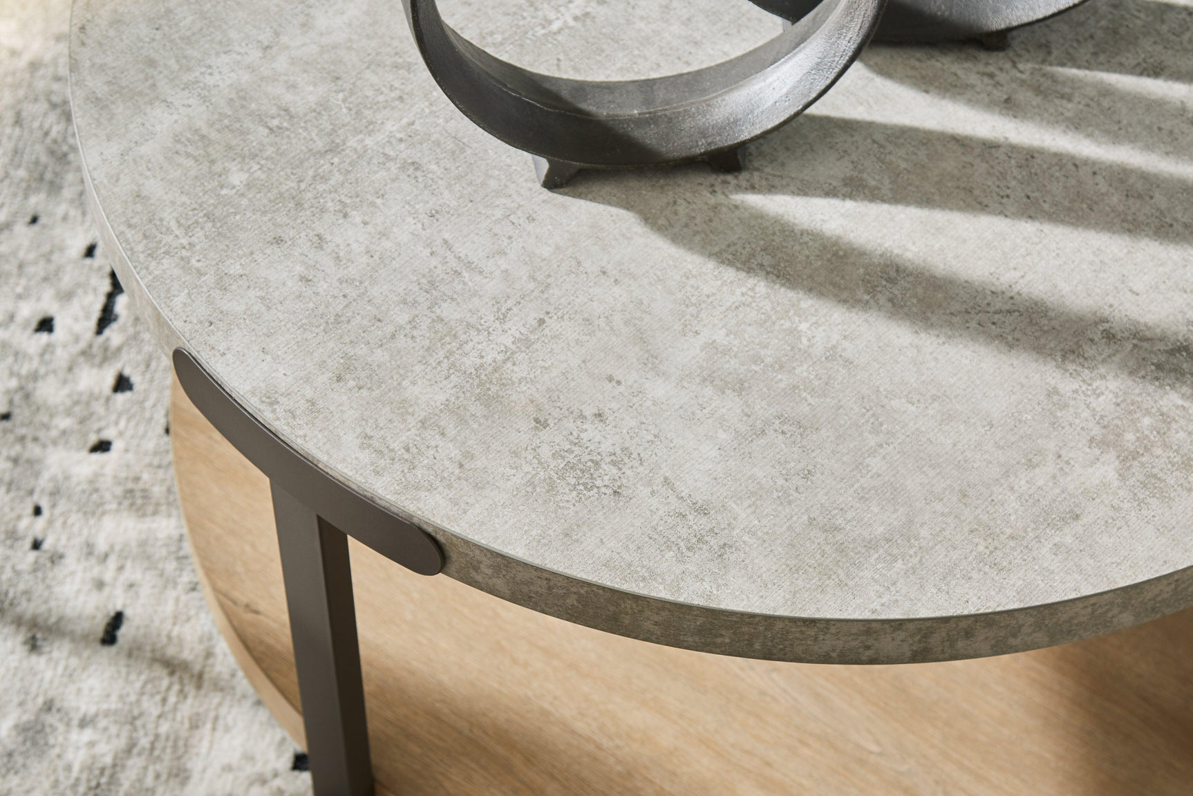 Close-up of Darthurst Coffee Table faux cement melamine tabletop