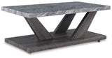 Side angle of end table showing weathered gray wood base and marble top