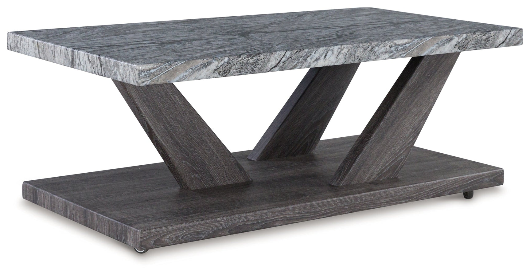 Side angle of end table showing weathered gray wood base and marble top