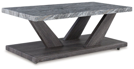 Side angle of end table showing weathered gray wood base and marble top
