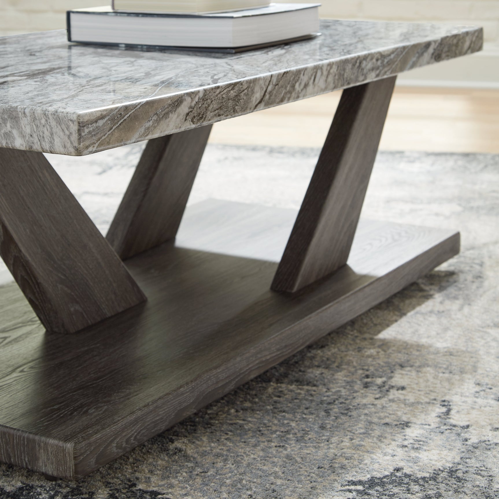 Bensonale 3-piece table set with brown gray weathered wood finish and faux marble tops