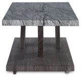 Bensonale 3-piece table set with brown gray weathered wood finish and faux marble tops
