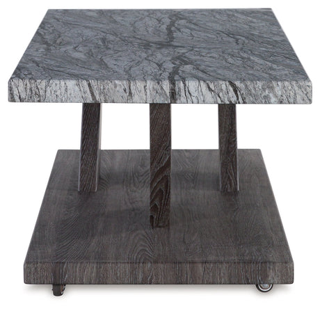 Bensonale 3-piece table set with brown gray weathered wood finish and faux marble tops