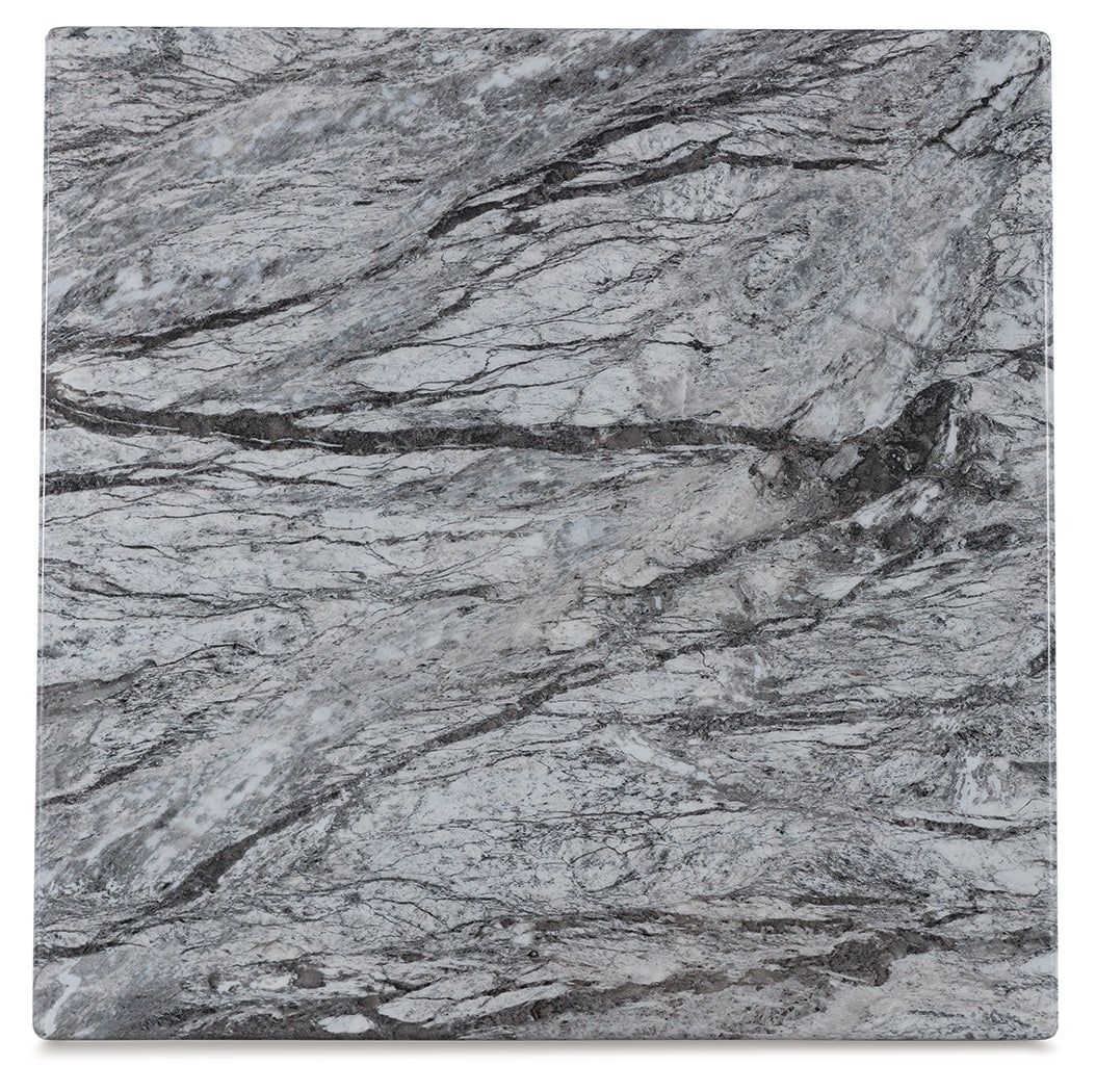 Bensonale 3-piece table set with brown gray weathered wood finish and faux marble tops