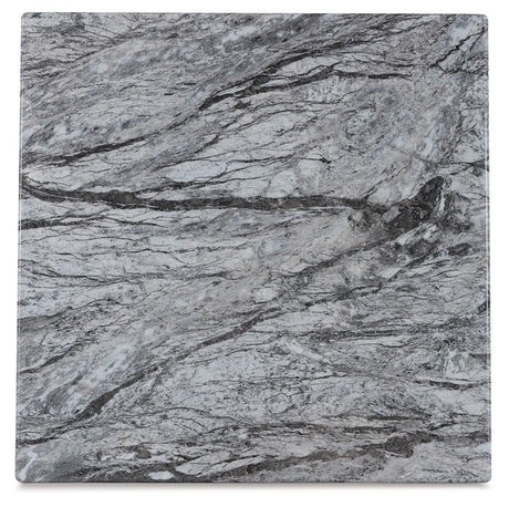 Bensonale 3-piece table set with brown gray weathered wood finish and faux marble tops