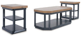 Angle view of Landocken brown and blue end table with open shelves