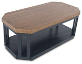 Top view of Landocken coffee table highlights wood-tone finish