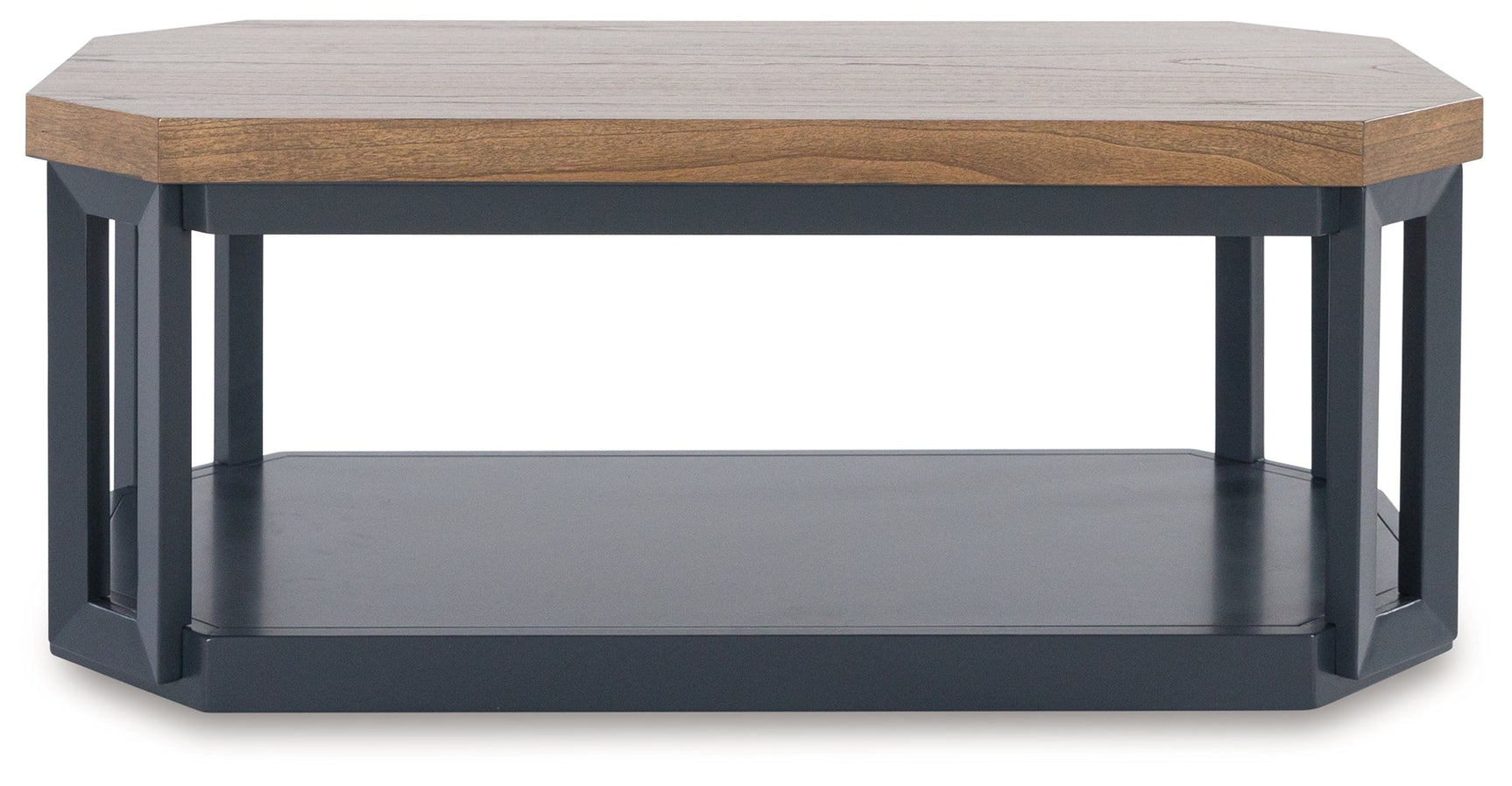 Detail of wood-tone tabletop and slate blue base on Landocken coffee table