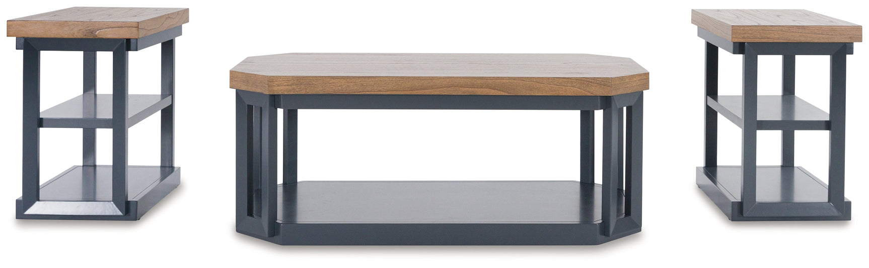 Head-on view of Landocken coffee table showing wood grain tabletop