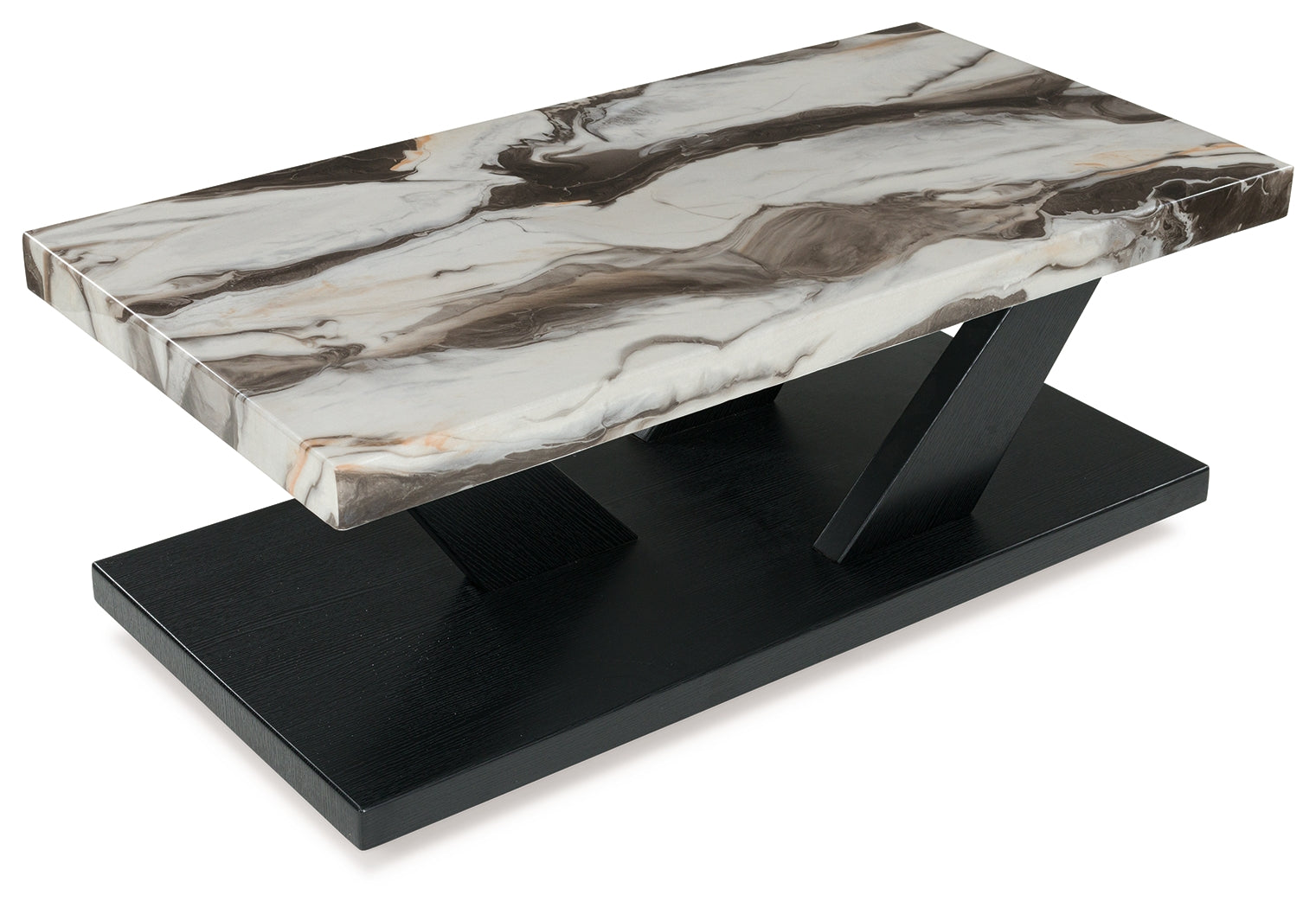 Cendill coffee table close-up of faux marble top and base