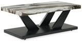 Cendill end table angled view dark brown wood grain base with faux marble top