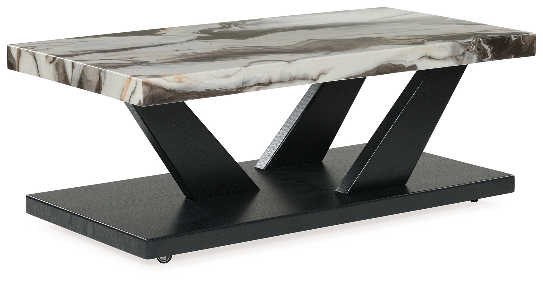 Cendill end table angled view dark brown wood grain base with faux marble top