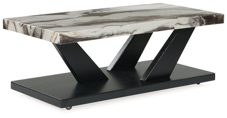 Cendill end table angled view dark brown wood grain base with faux marble top