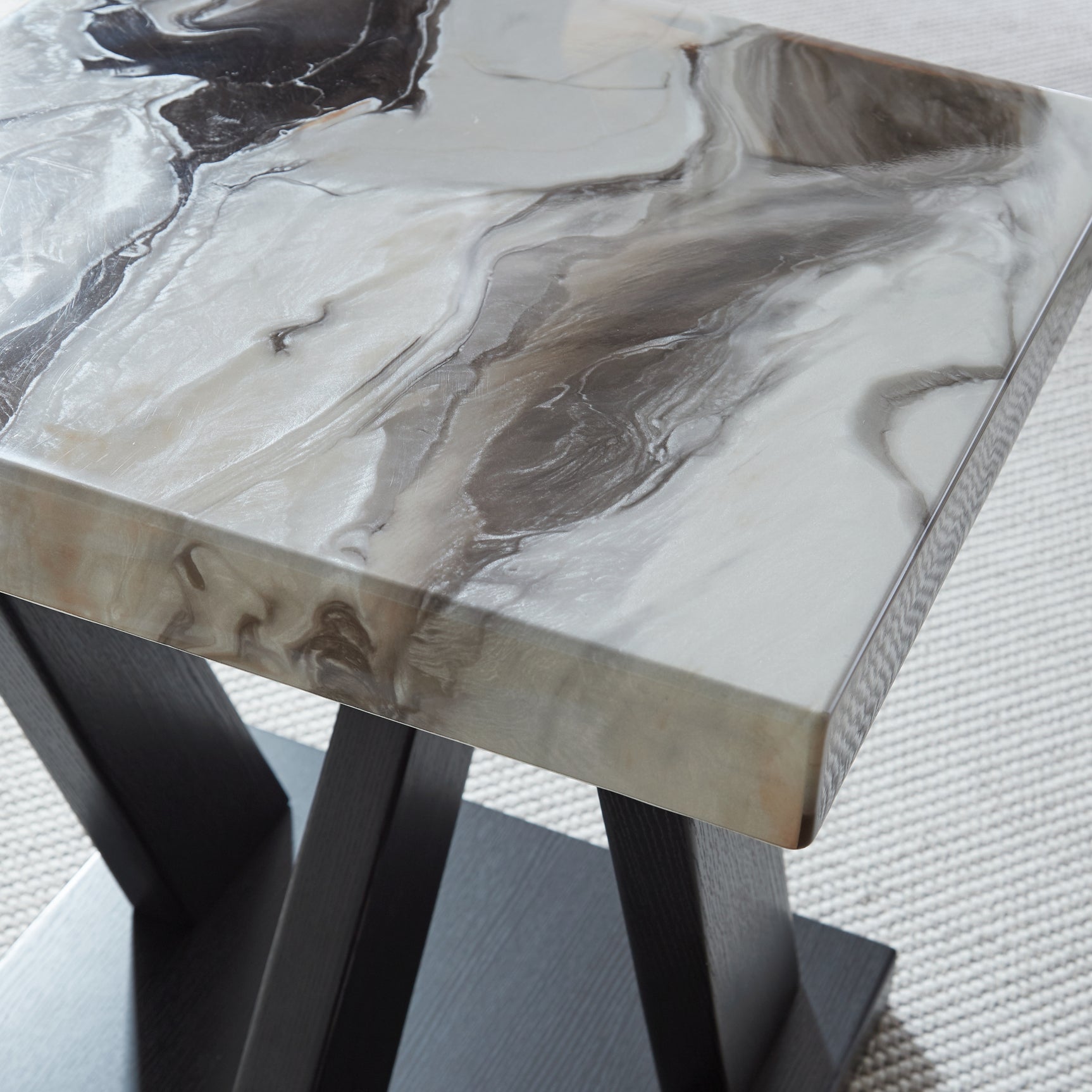 Cendill end table close-up of dark brown replicated wood grain base