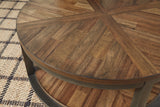 Roybeck 3-piece table set close-up showing wood veneer and bronze frame detail