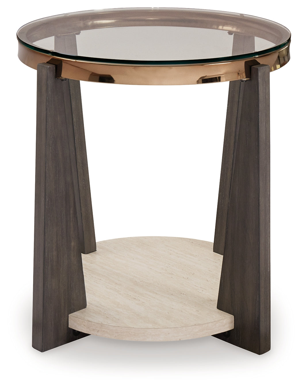 End table angle view showing faux travertine shelf and wood legs