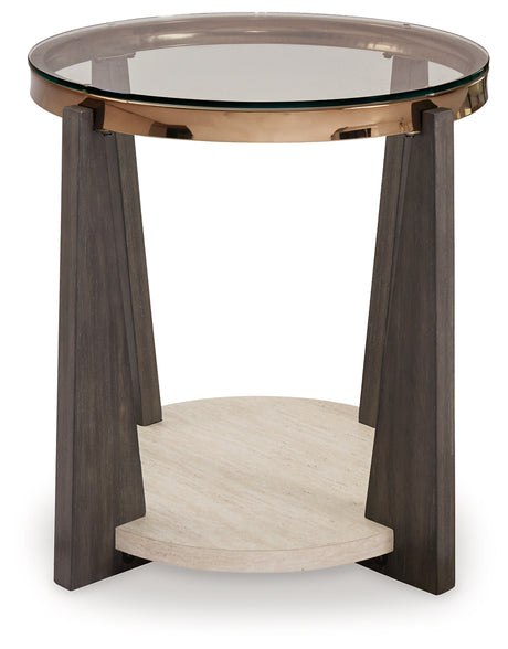 End table angle view showing faux travertine shelf and wood legs