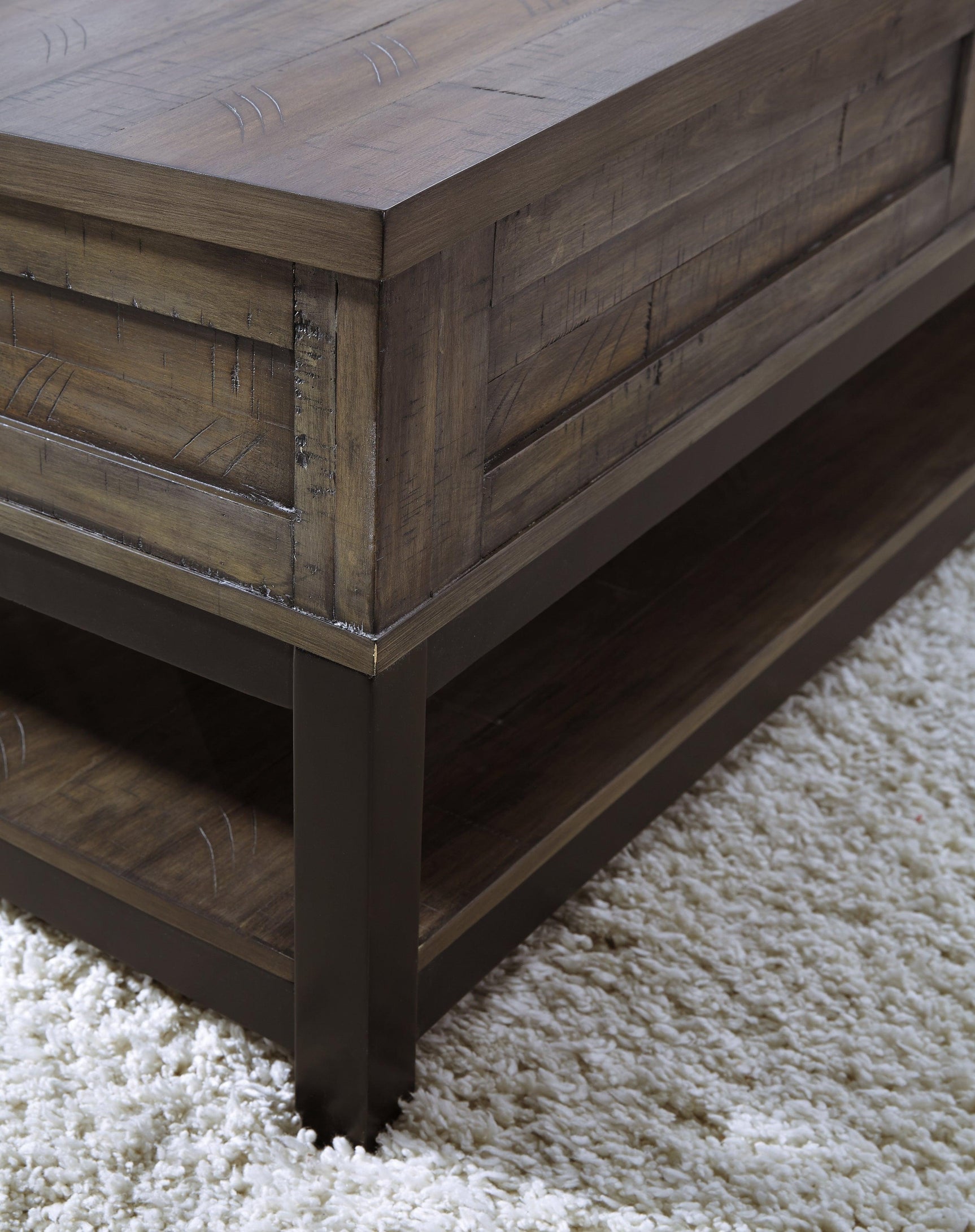 Close-up of two-tone distressed finish and hardware