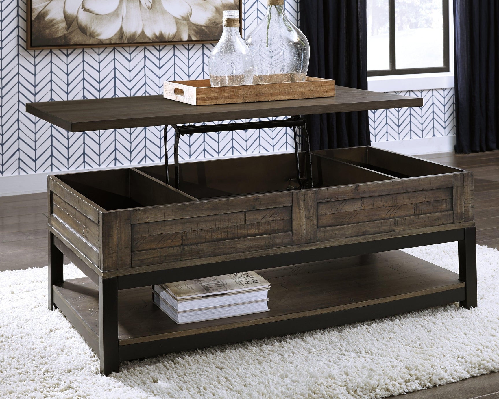 Open lift top revealing storage cubbies