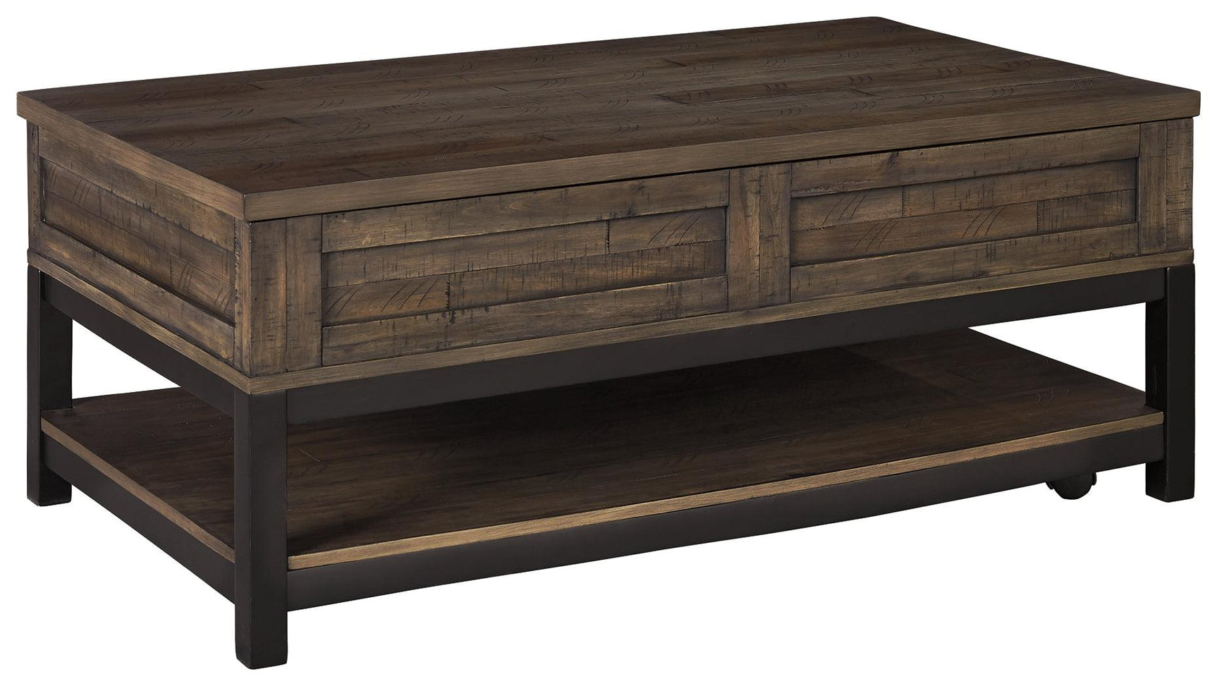 Johurst Lift-Top Coffee Table side angle showing distressed finish