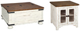 Wystfield coffee table and end table set in distressed white and natural pine finish