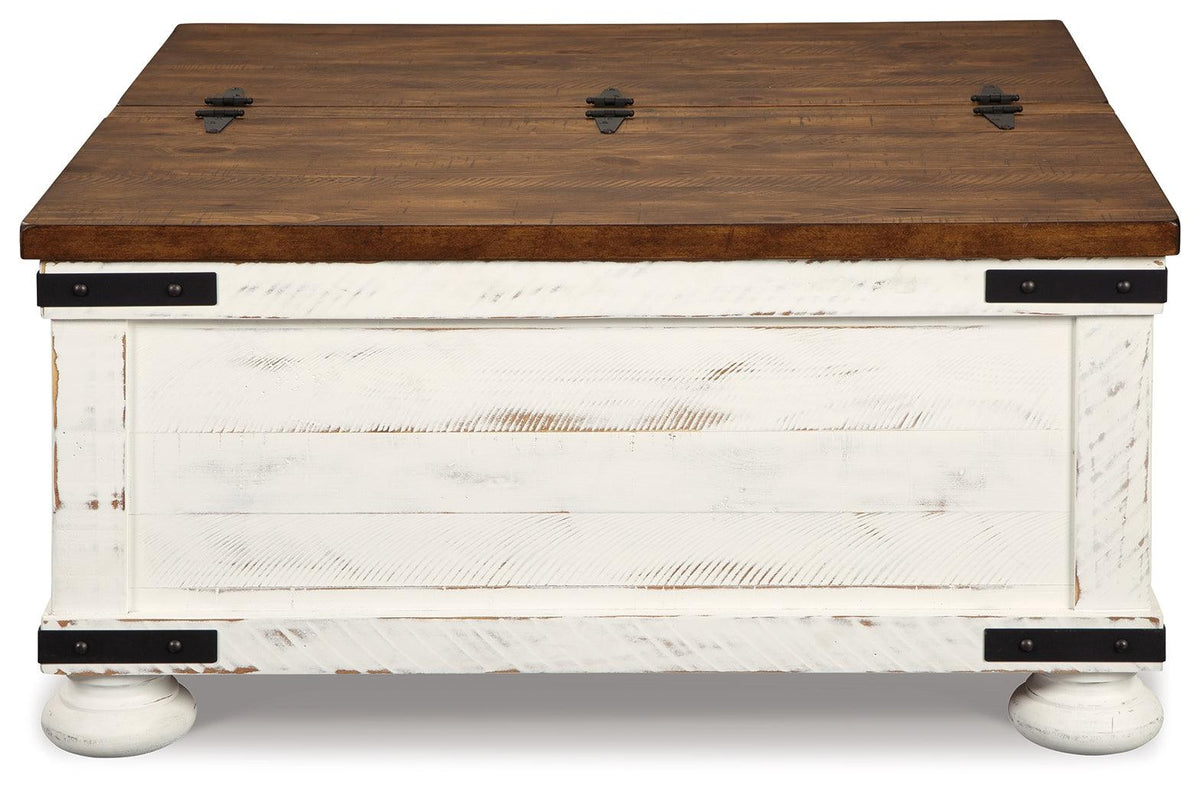 Front close-up of coffee table legs and hardware