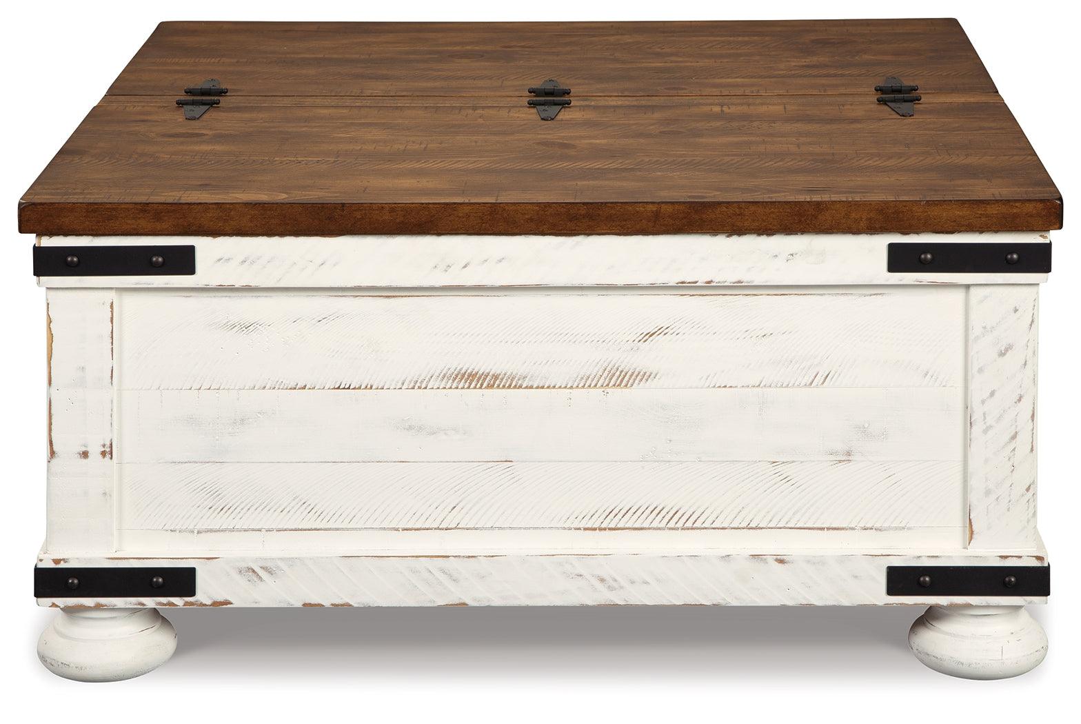 Front close-up of coffee table legs and hardware