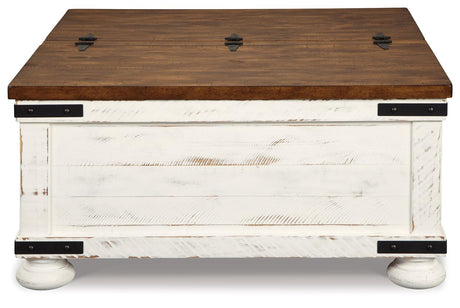 Front close-up of coffee table legs and hardware