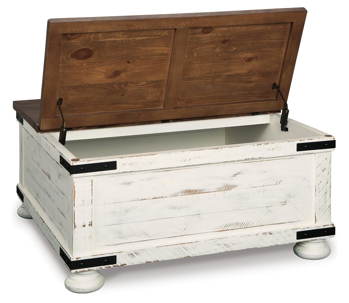 Side view of coffee table with open storage