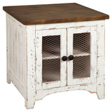 Wystfield End Table side angle showing metal grill cabinet doors