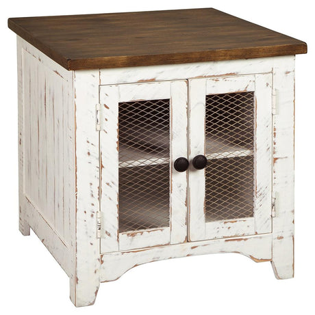 Wystfield End Table side angle showing metal grill cabinet doors