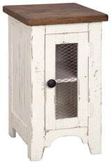 Wystfield Chairside End Table side view showing metal grill cabinet door