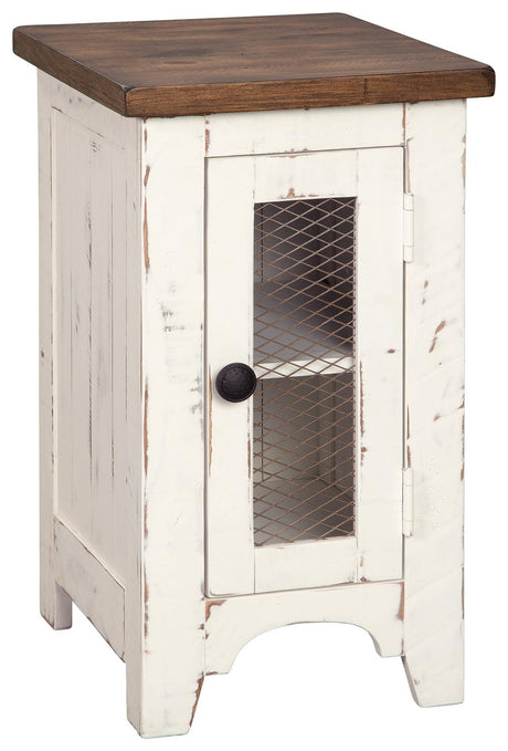 Wystfield Chairside End Table side view showing metal grill cabinet door