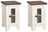 Side angle of Wystfield white and brown wood end table showing metal grill door